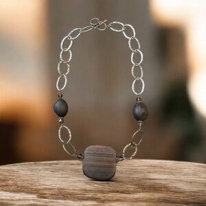 🌻 Boho Chain Link Necklace Wood Bead, Gold, Silver Tone Hammered Statement Piece